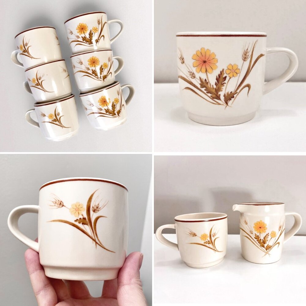 Vintage Mikasa Japan Harvest Moon 7pc Cup Set Stone Pearls Brown Wheat Flower